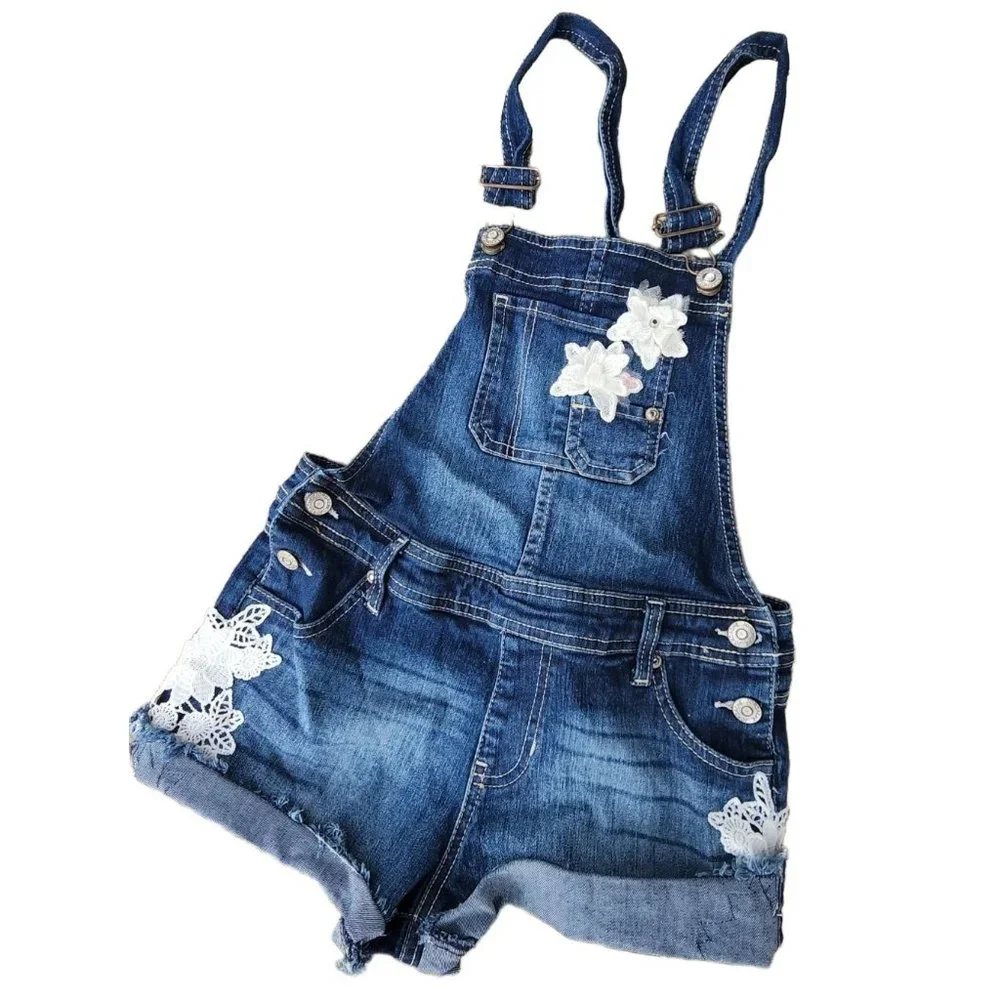 Jordache Flower‎ Lace Overalls Denim Short Blue Girls Size L 10-12